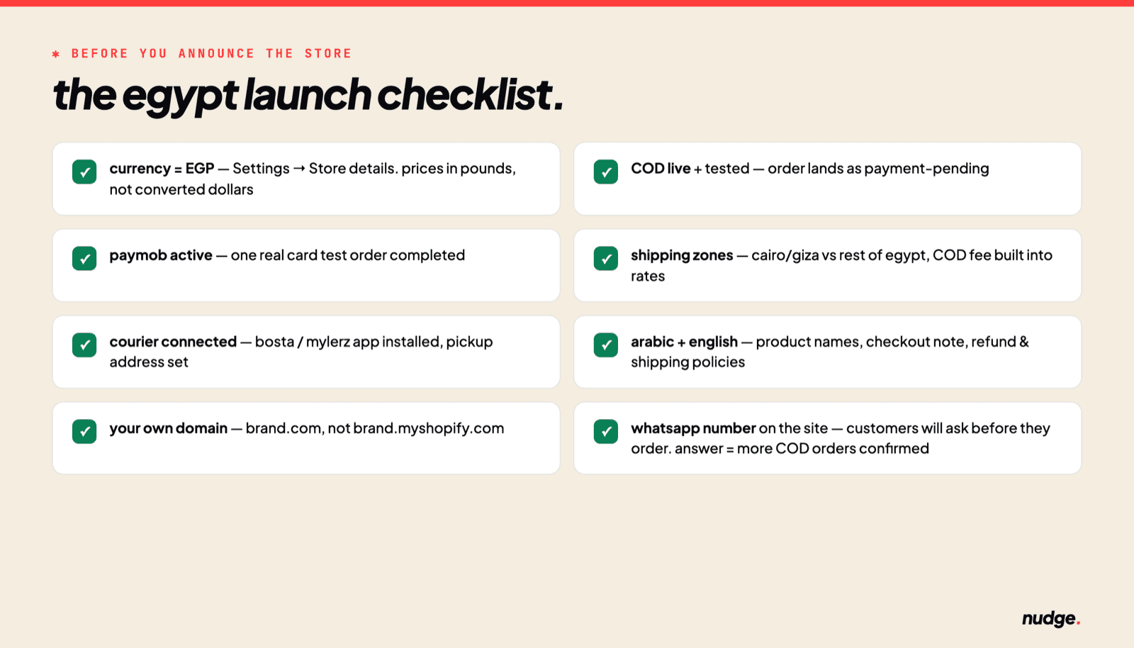 egypt shopify launch checklist: EGP currency, COD tested, paymob active, shipping zones, courier connected, arabic and english content, custom domain, whatsapp number