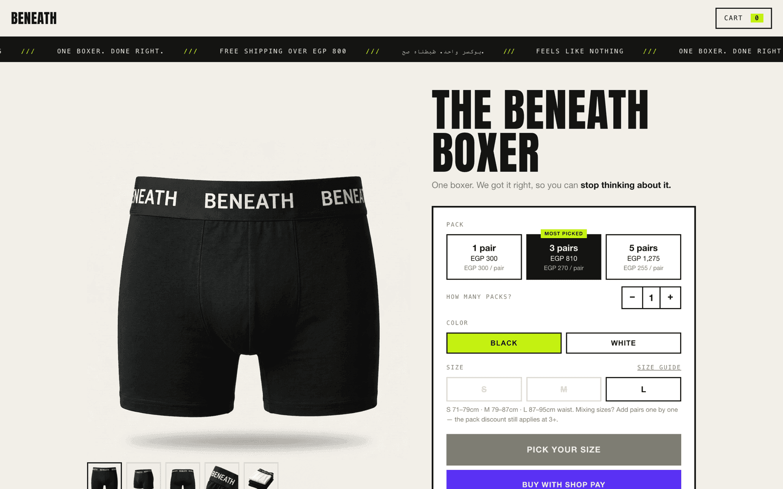 BENEATH one-product page — the beneath boxer with pack pricing